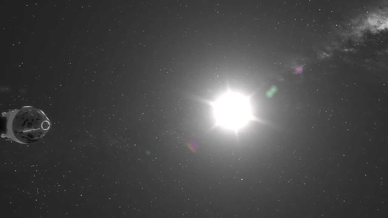 Orion Artemis Capsule Moving Slowly Past Camera with Sun Flare and Milky Way Galaxy Background 3D CGI Animation 4K