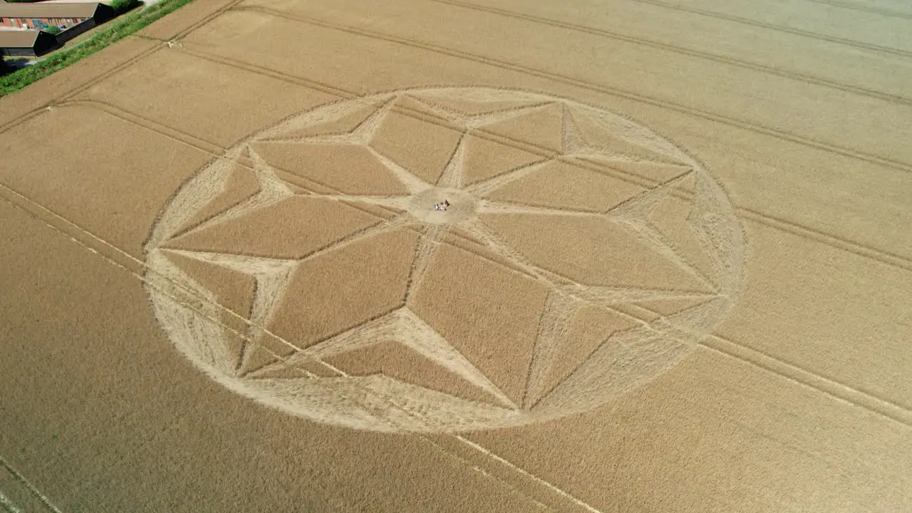 Tichborne mysterious golden farmland geometric flower pattern crop circle aerial view pull back tilt up reveal