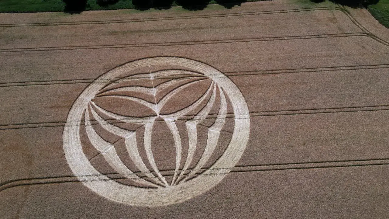 Warminster crop circle 2023 flyover aerial view above strange overnight geometric alien pattern on agricultural field in England