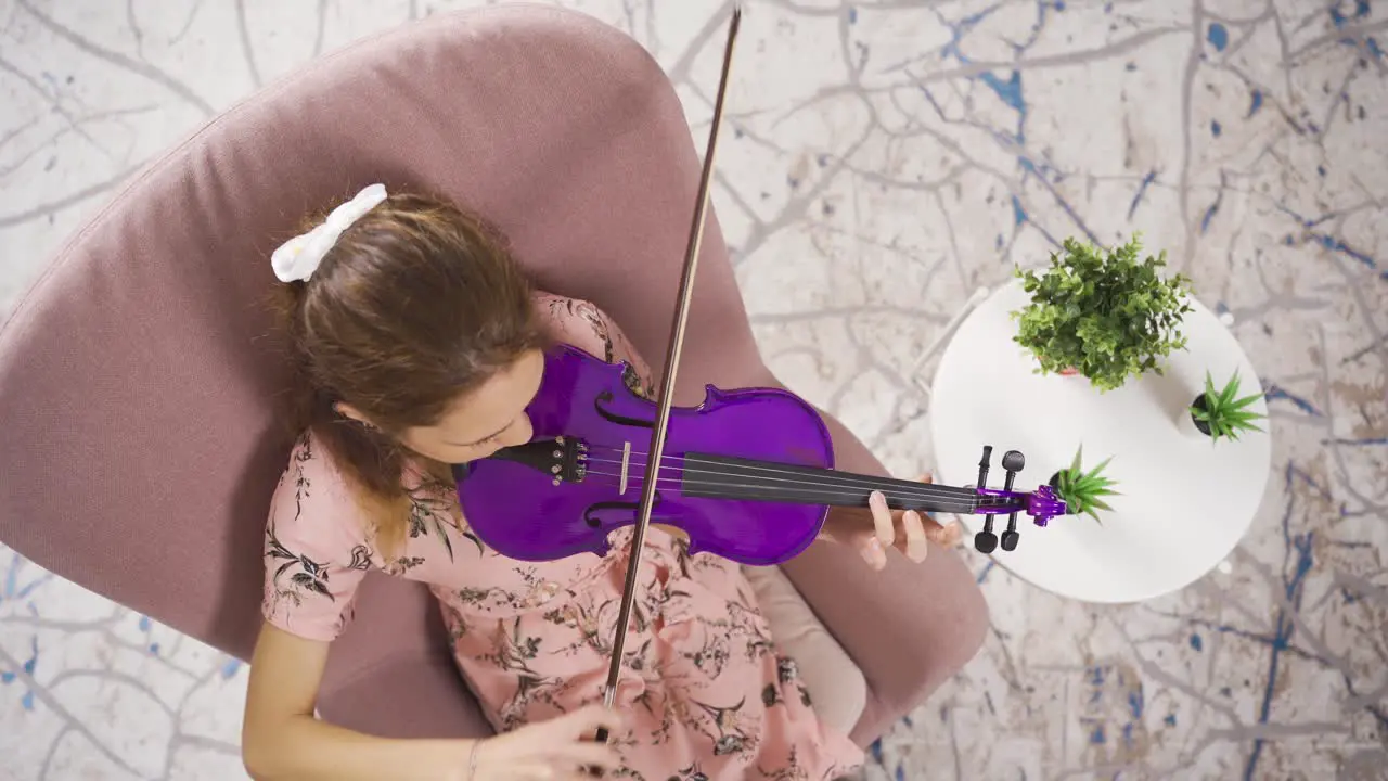 Young girl sitting on sofa in living room playing violin Musicianship