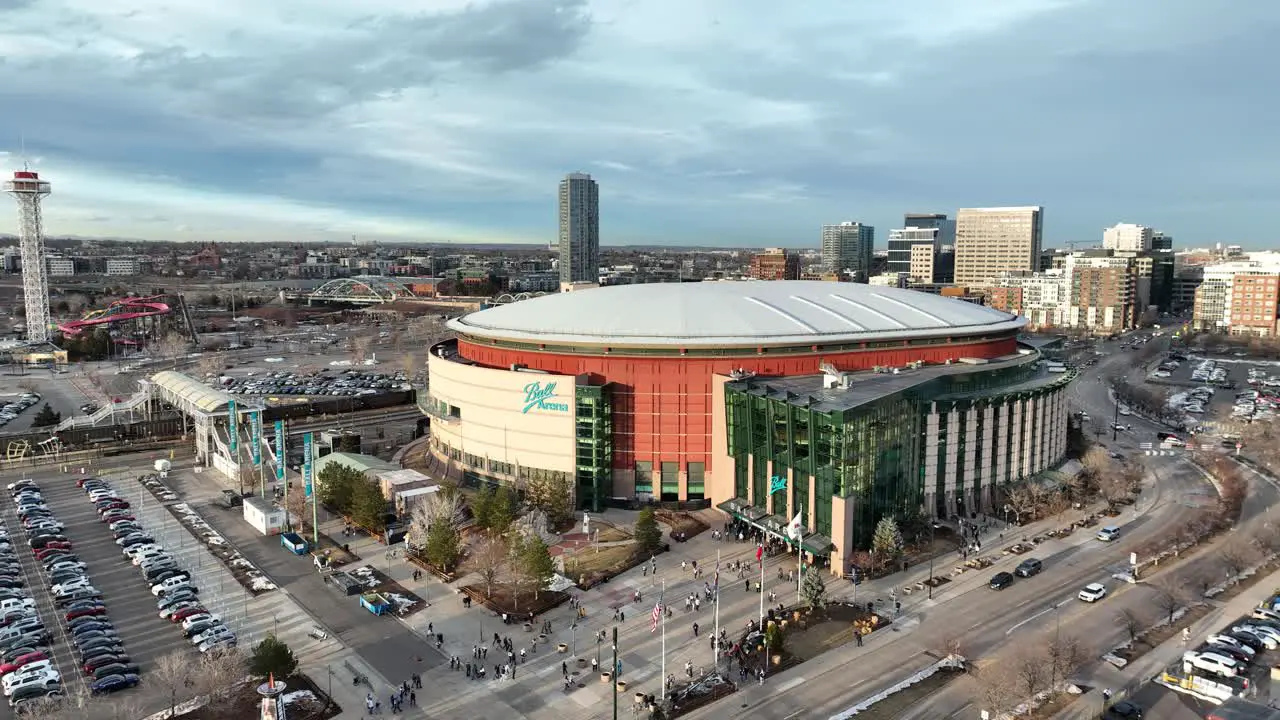 Aerial view of people entering Ball Arena in Denver