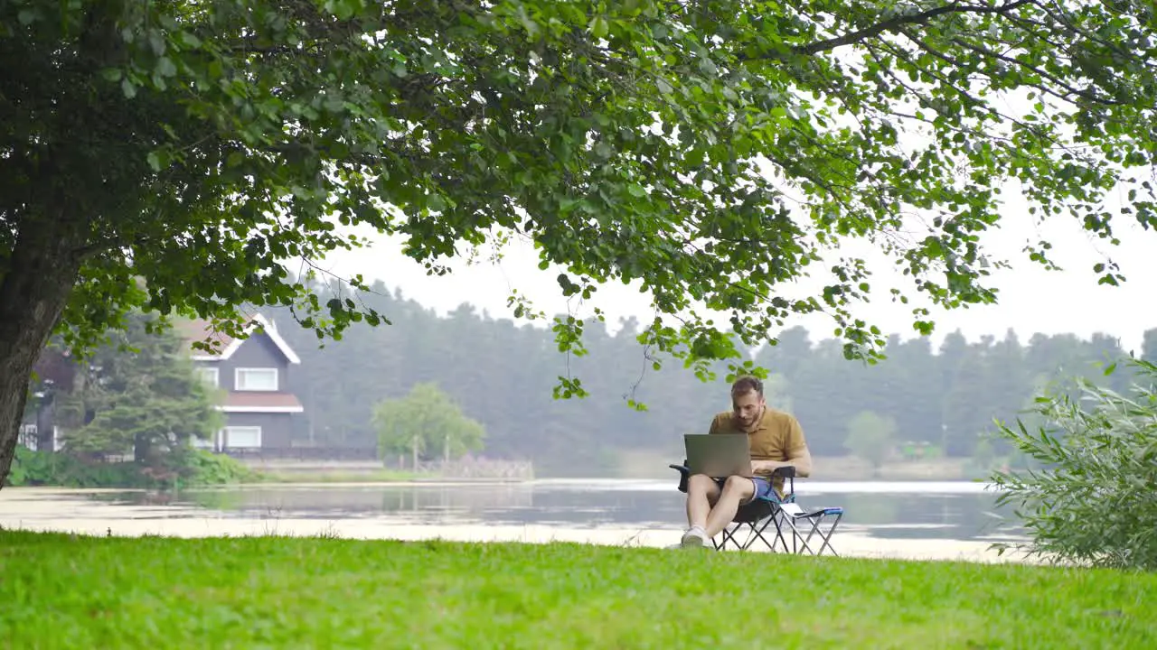 Man working with laptop in field with lake view