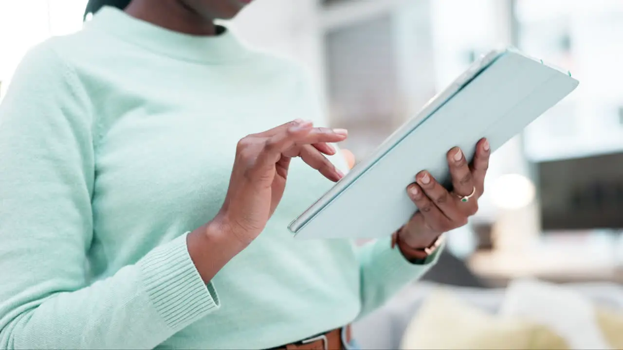 Hands woman and tablet in home for app to watch