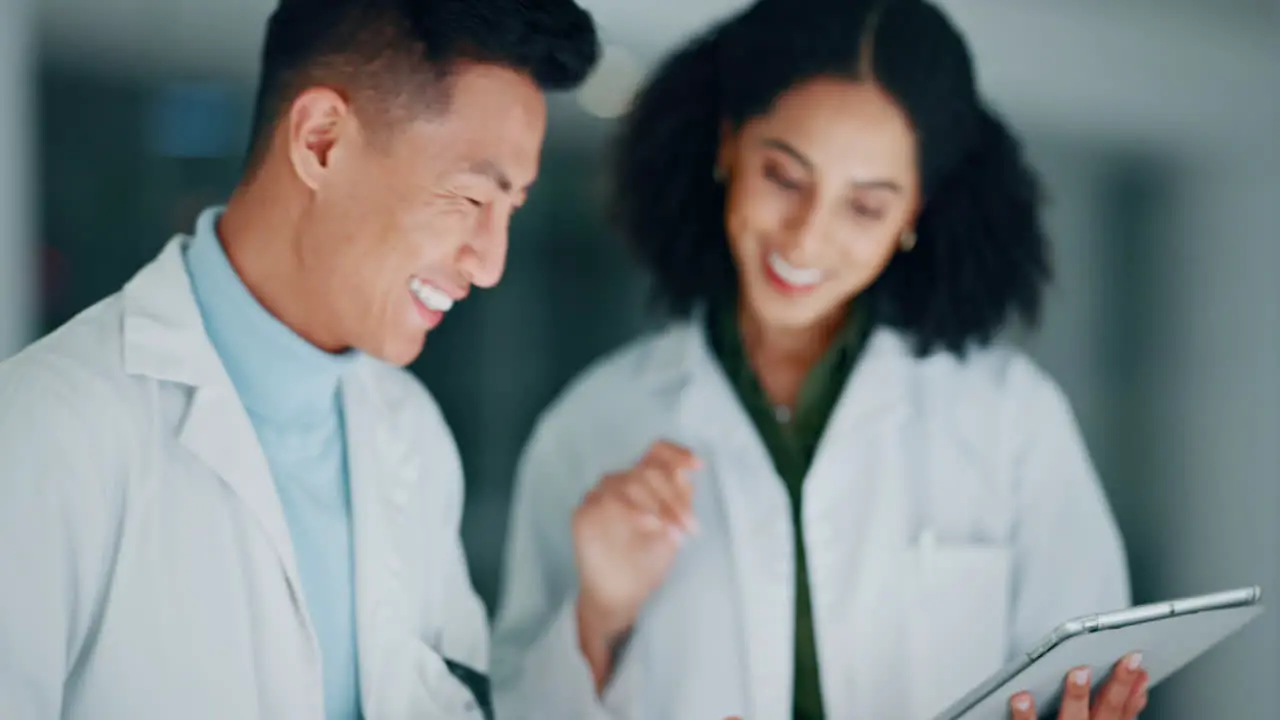 Scientist laboratory and tablet with happy