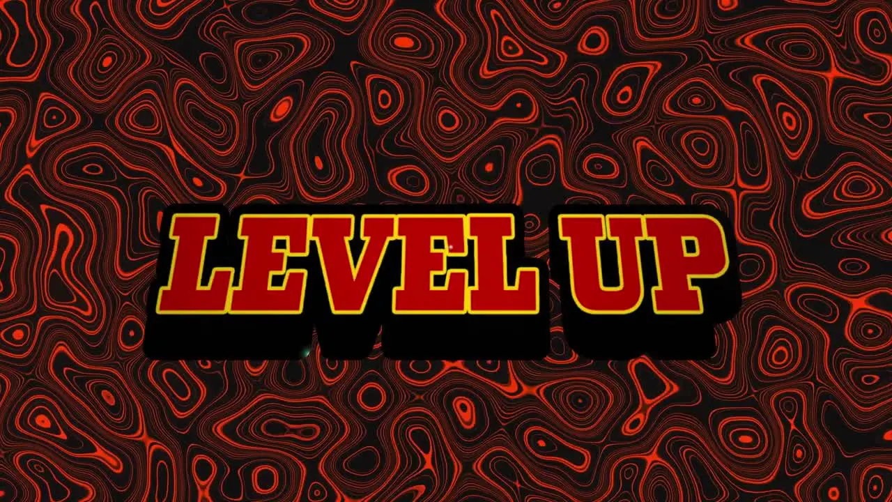 Animation of level up text over red liquid background