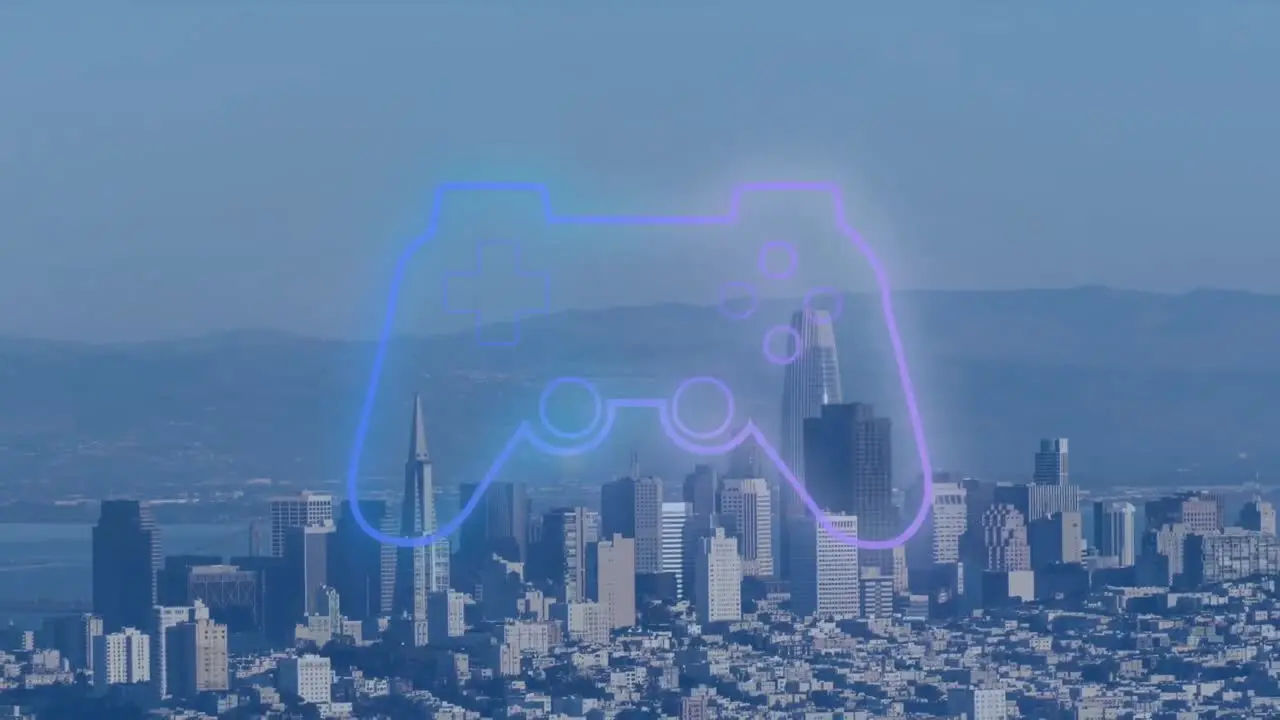 Animation of gaming pad over cityscape