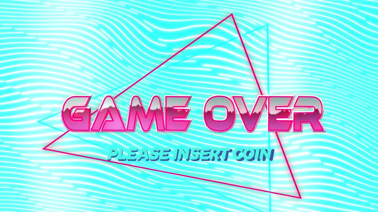 Animation of game over and triangle over blue and white wavy background