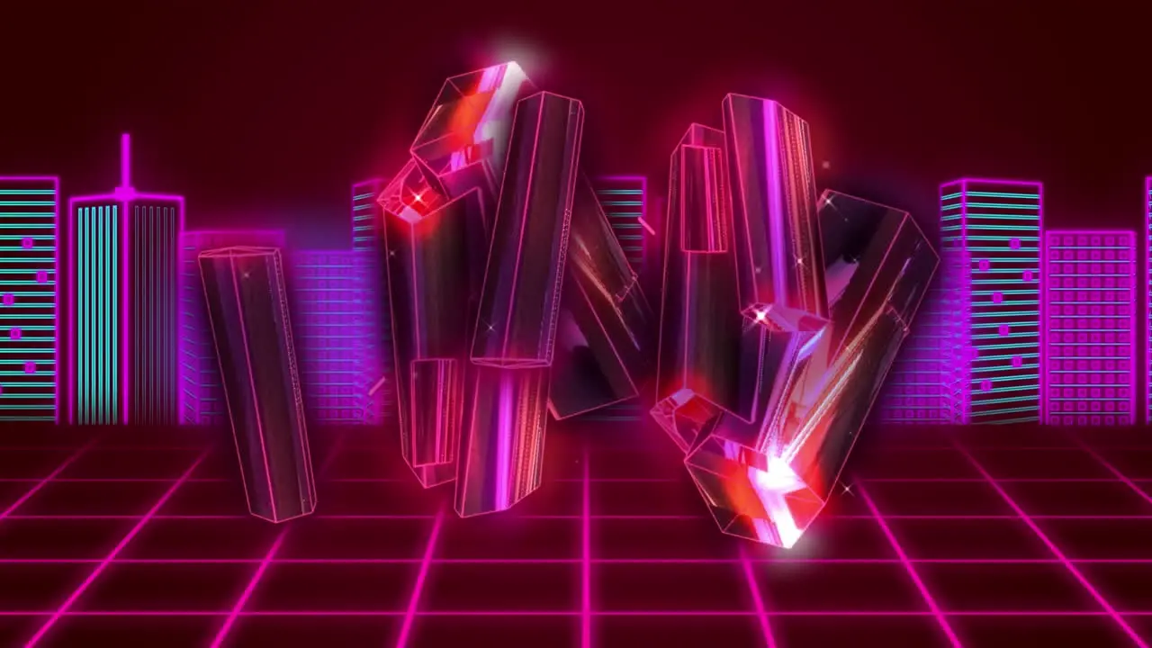 Animation of pink glowing 3d city scape over colorful digital cityscape and glowing moving pink grid