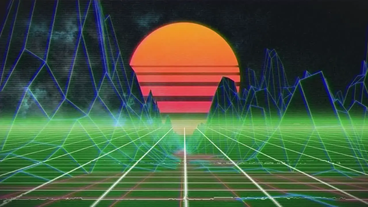 Animation of colorful digital landscape over moving colorful grid