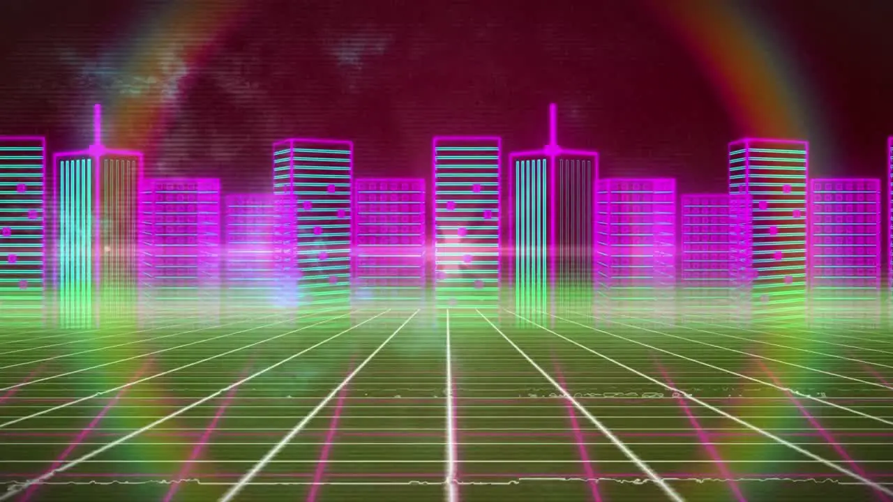 Animation of colorful digital cityscape over moving colorful grid