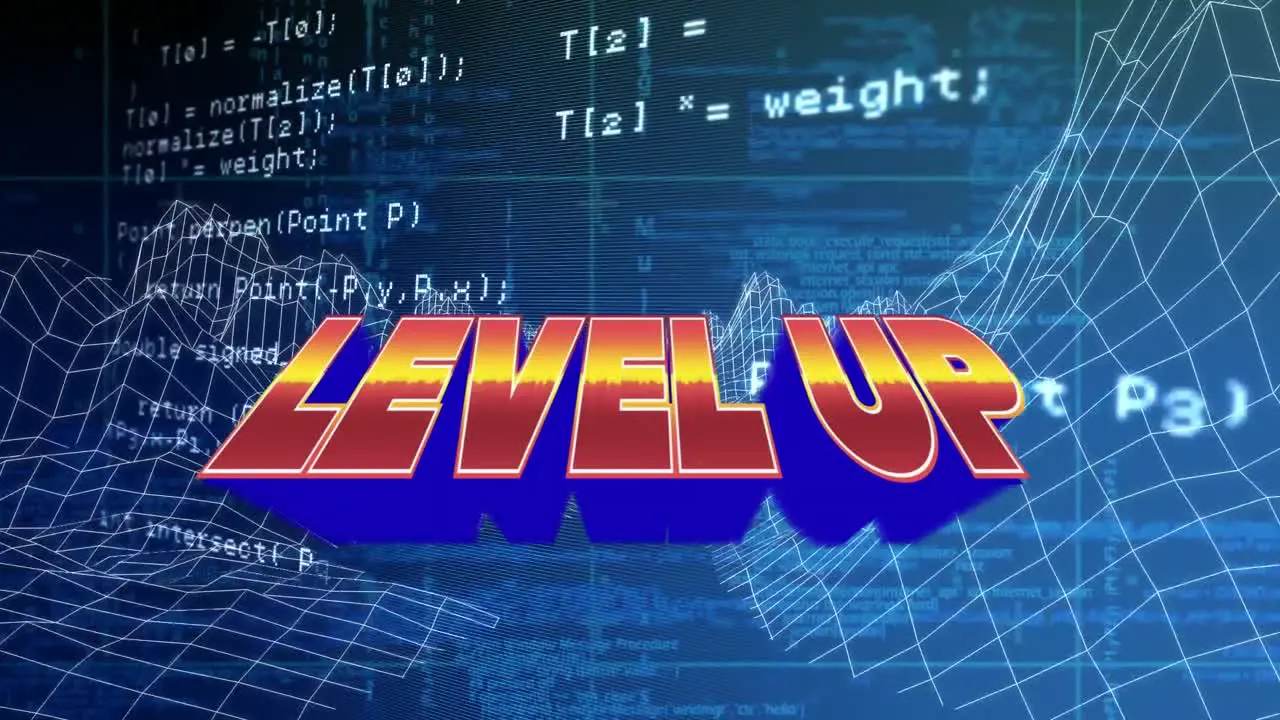 Animation of level up over data processing and metaverse landscape on blue background