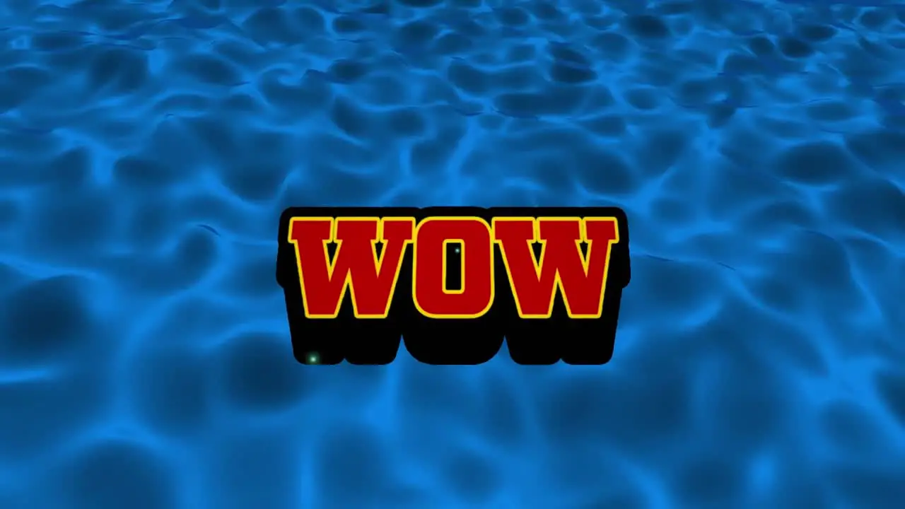 Animation of wow text over blue liquid background