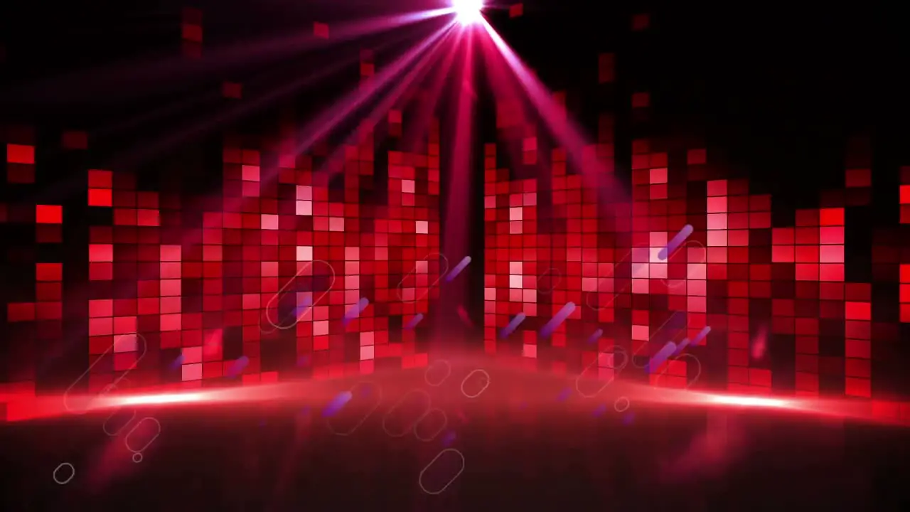 Animation of purple fireworks and square red lights moving with spotlights on black background