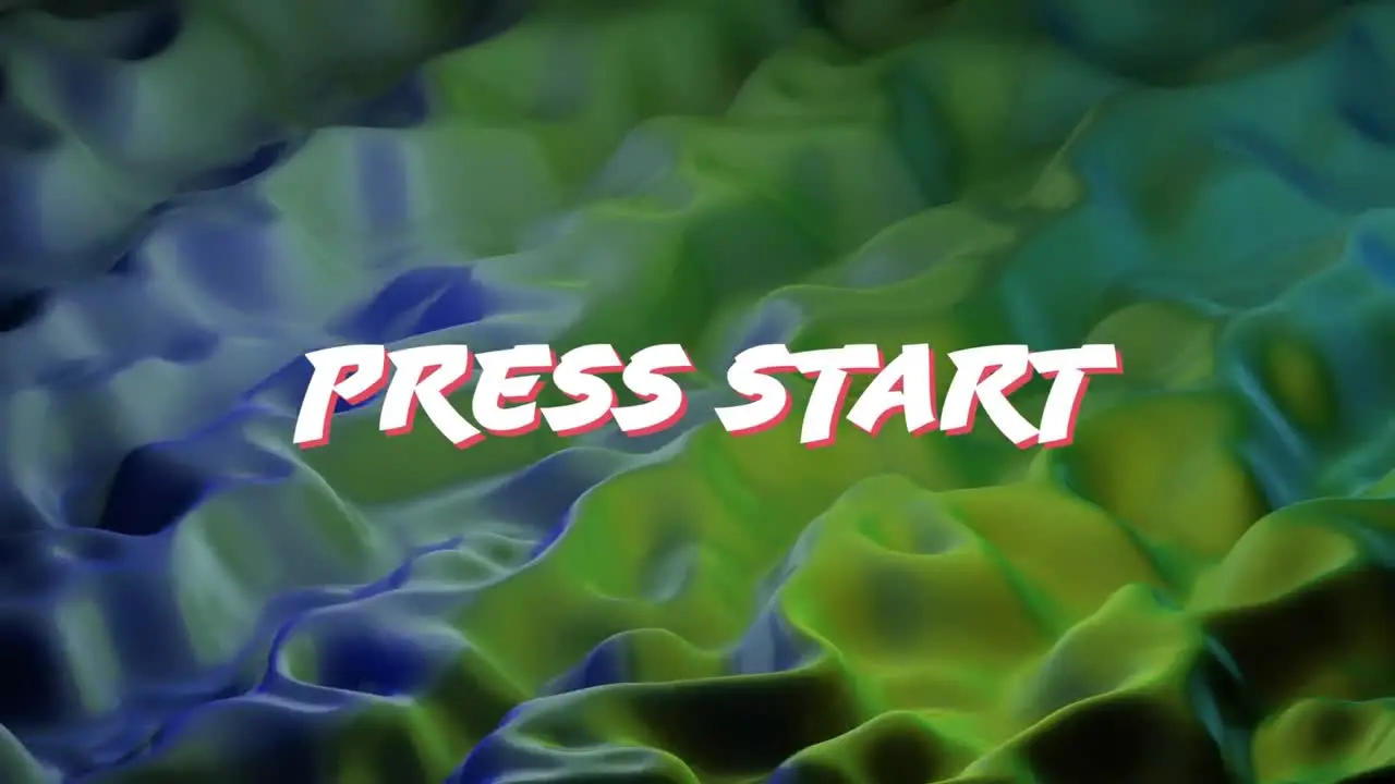 Animation of press start text over colourful liquid background