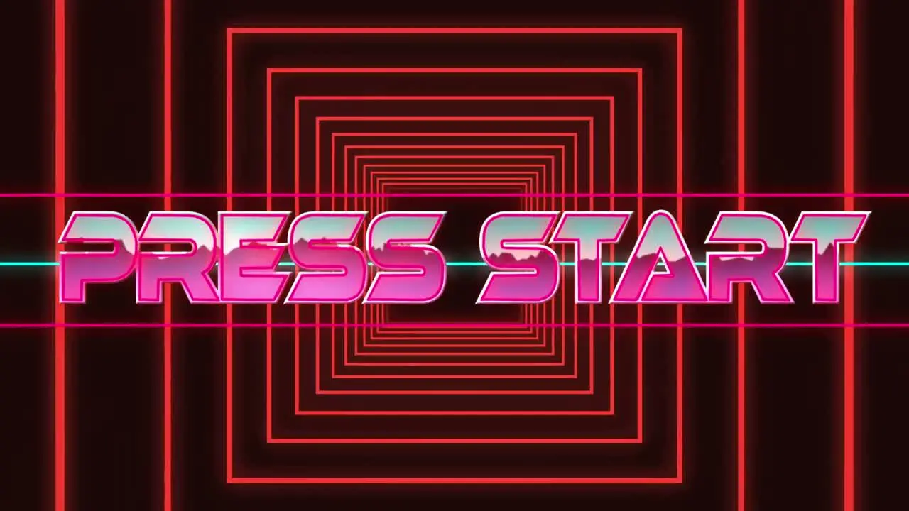 Animation of press start text over neon squares on black background