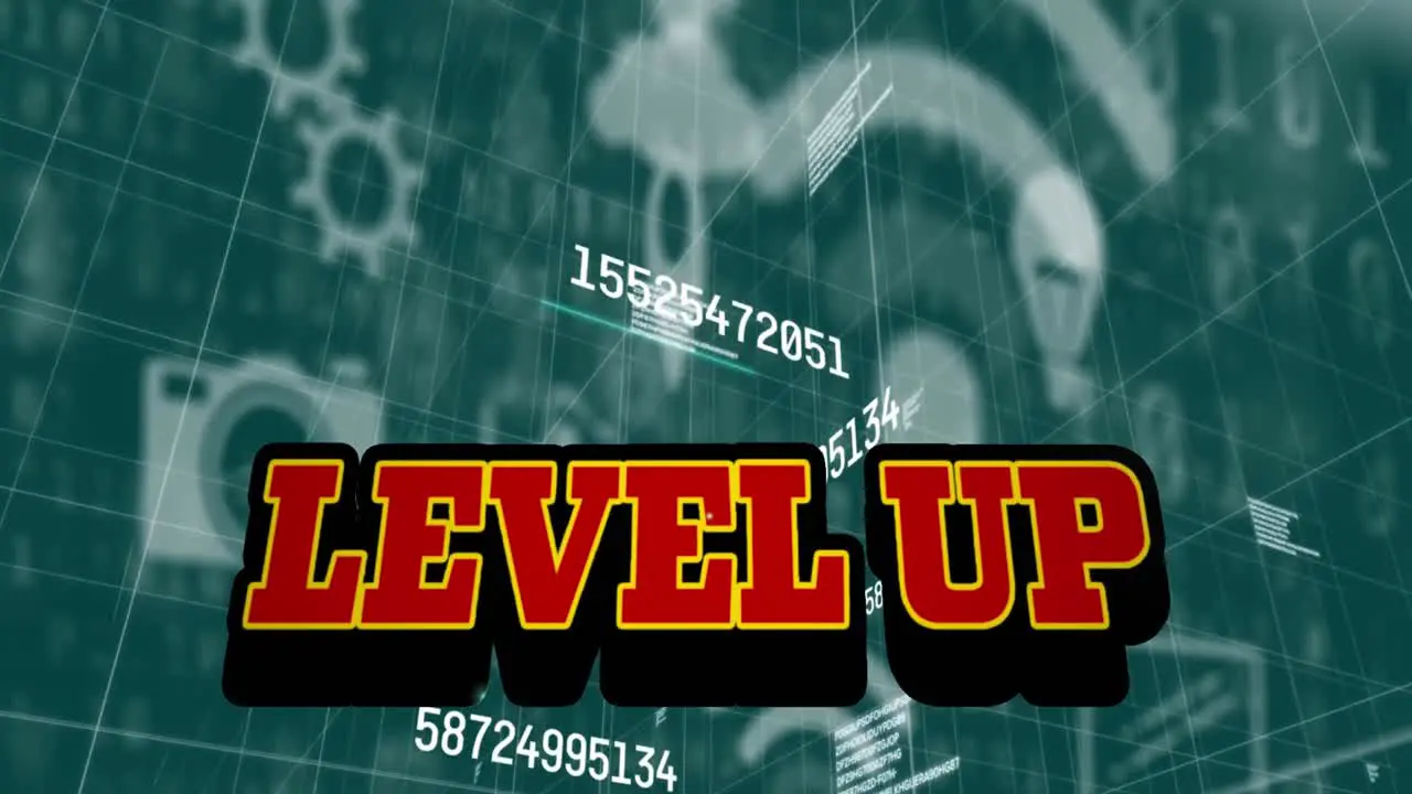 Animation of level up text over numbers digital icons and data processing