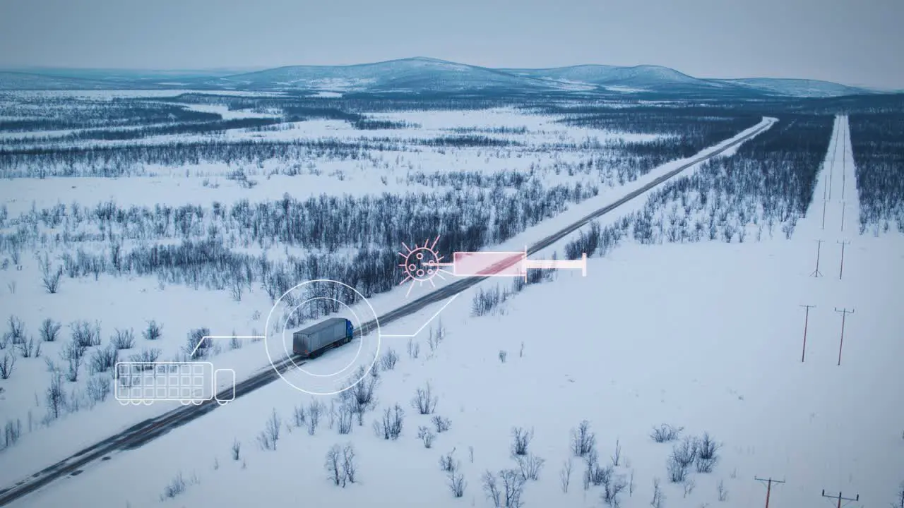 Ice Truck delivers cargo of vaccine dose syringes to remote locations through snowy landscape