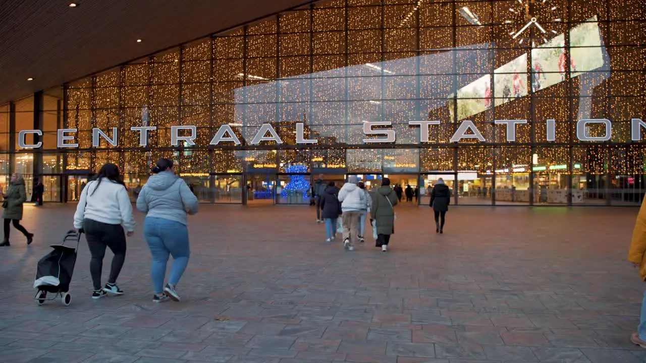 Entrance to Rotterdam Central train station with christmas lights