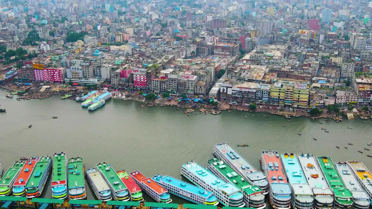 Dhaka Bangladesh Aerial Drone View Of Ships Anchored At The Sadarghat Launch Terminal In City Wharf