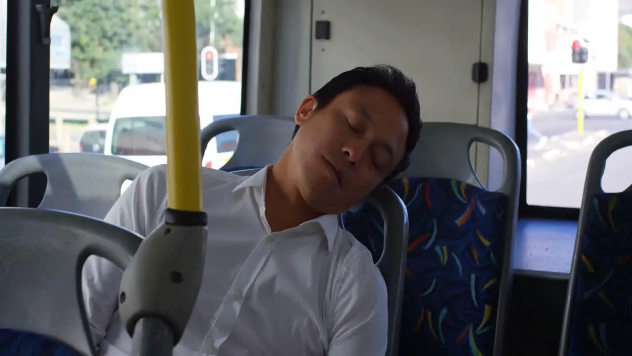 Male commuter sleeping while travelling in bus 4k