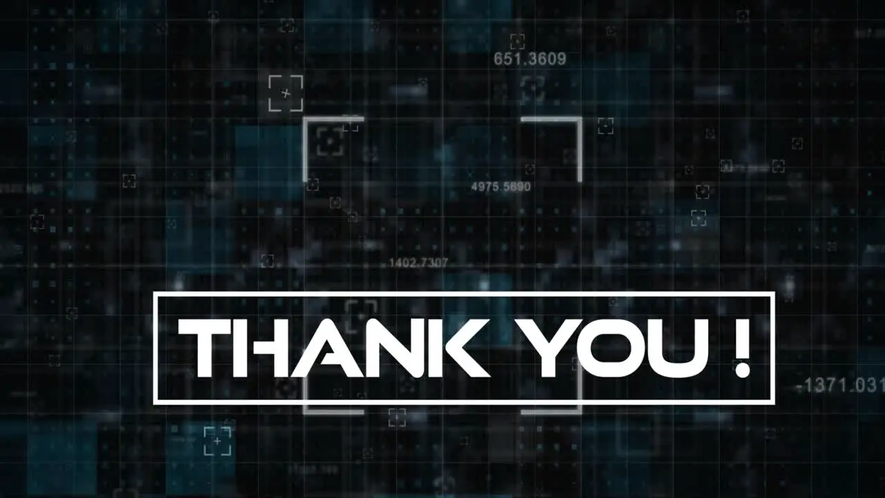 Animation of thank you over data processing on black background