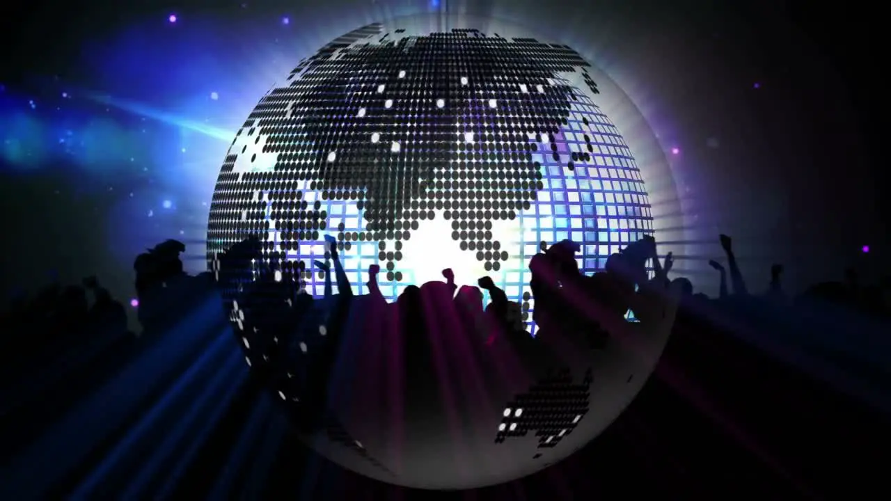 Animation of mirror ball globe spotlights and dancing crowd