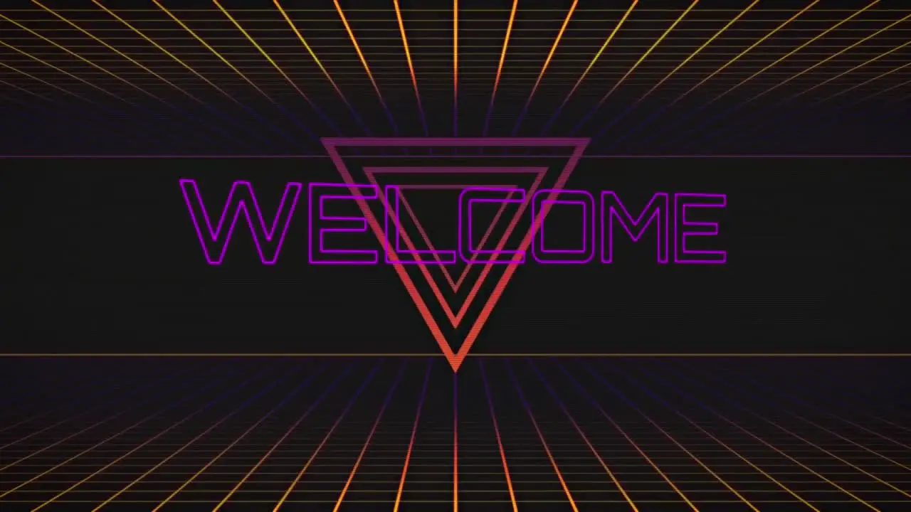 Animation of welcome text over interference and neon triangels on black background