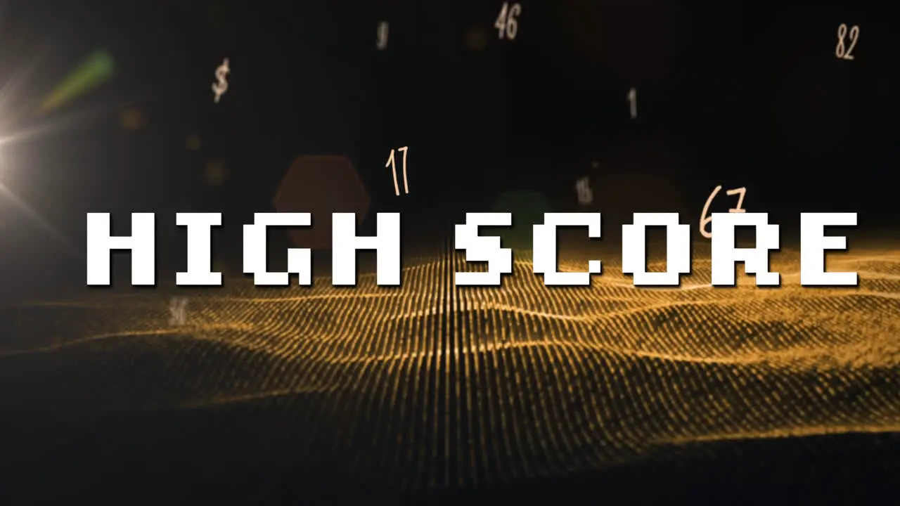 Animation of high score text over data processing and glowing dots on black background