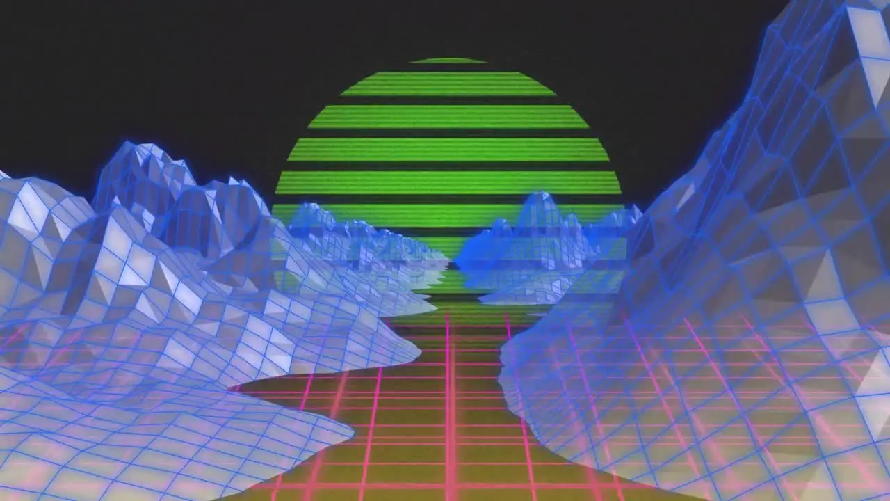 Animation of colorful digital landscape on moving colorful grid