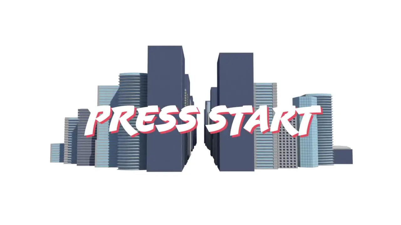 Animation of press start over digital modern city