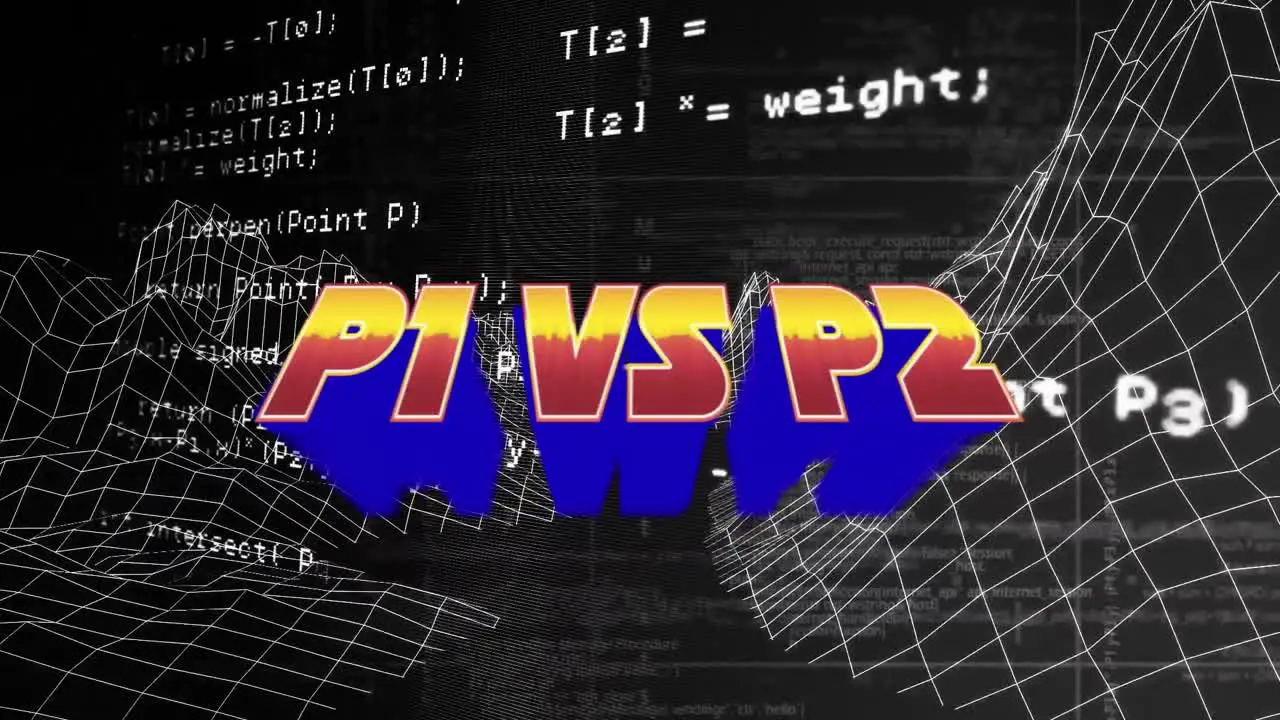 Animation of p1 vs p2 over data processing and metaverse landscape on black background