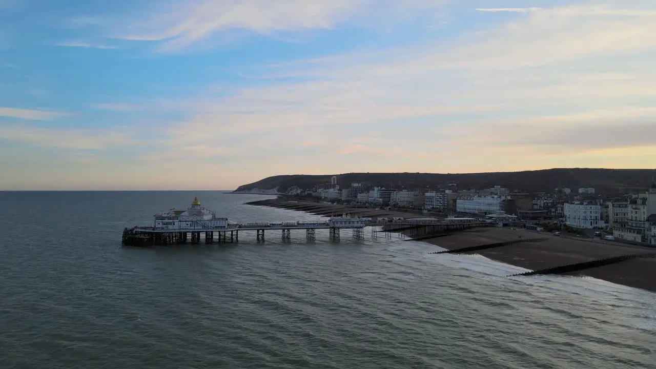 Eastbourne Pier and town at Sunset Sussex Uk Aerial view 4K