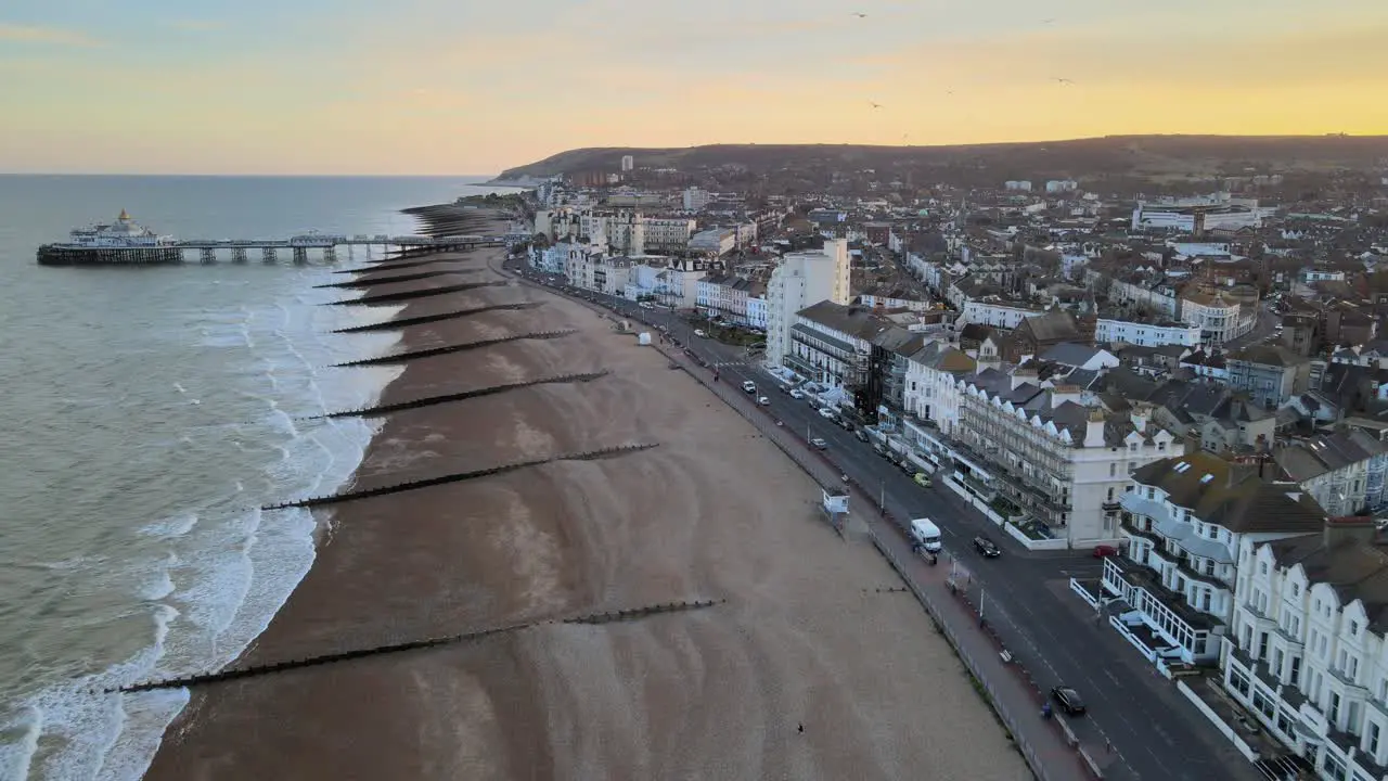 Eastbourne beach and town at Sunset Sussex Uk Aerial view 4K