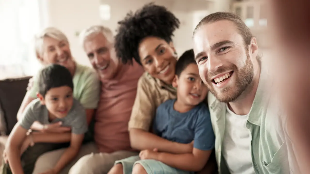 Selfie happy and face of a big family in living