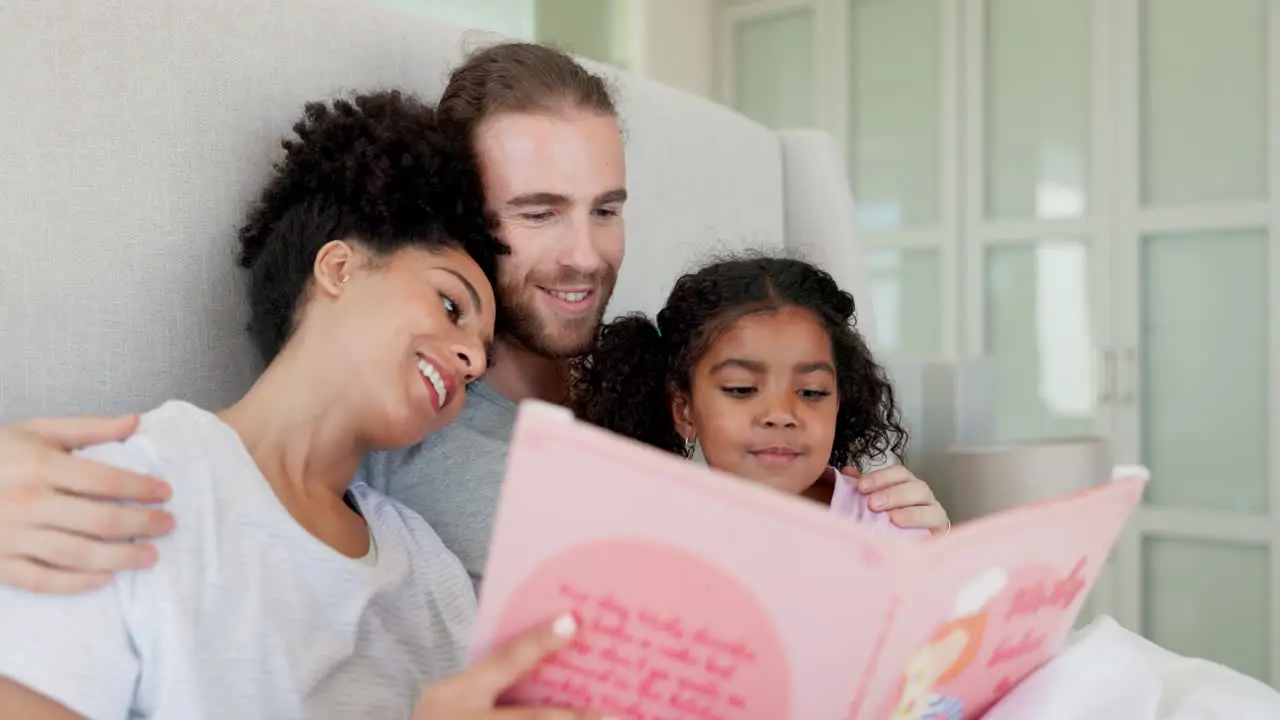 Happy family bed or child reading storybook