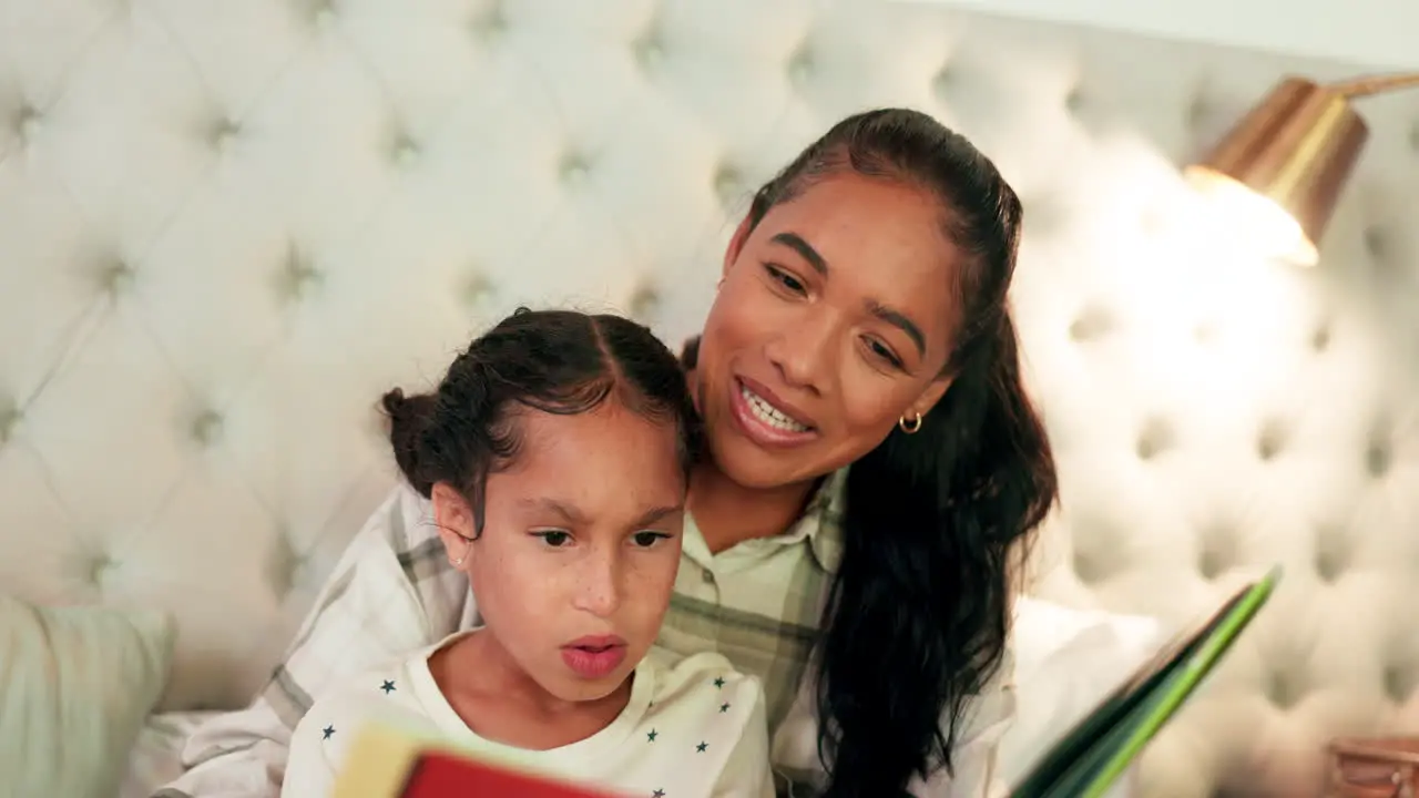 Reading mom and child in bedroom with book