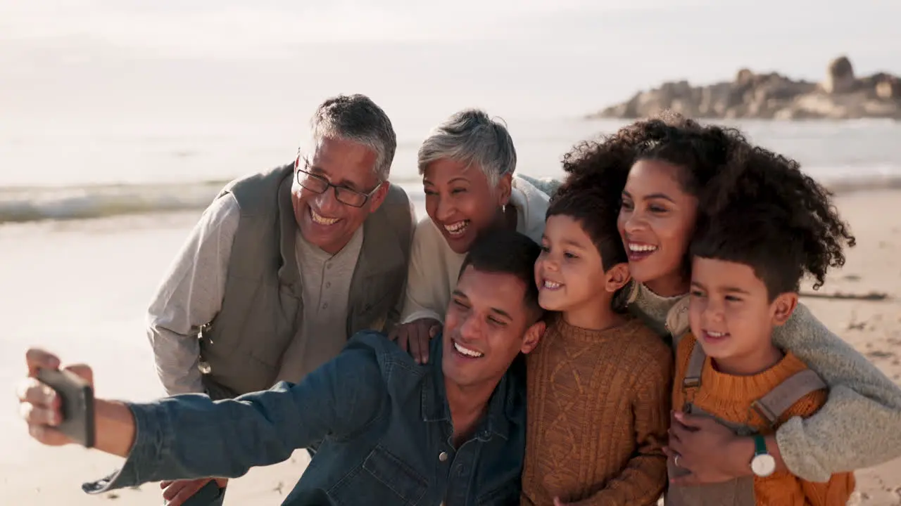 Beach selfie and happy big family in nature bond