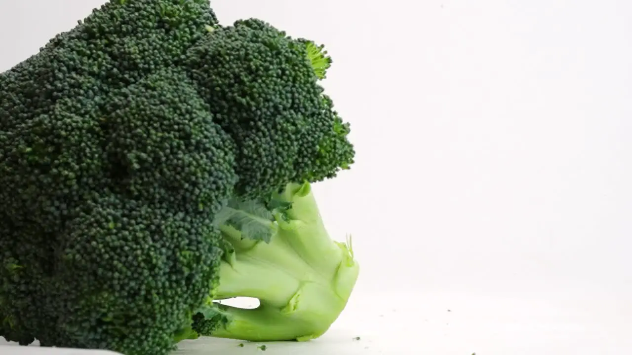 Whole head of broccoli falling and bouncing in slow motion on white backdrop in 4k