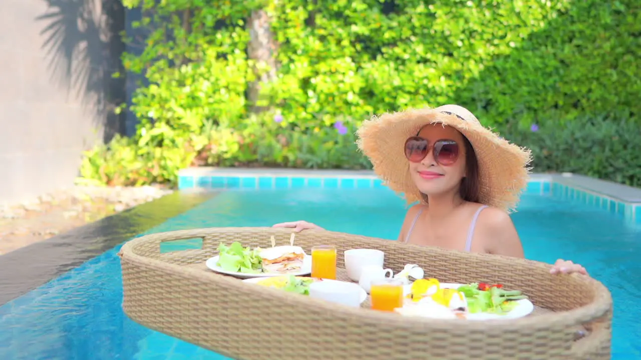 Breakfast is served on a floating rattan platter