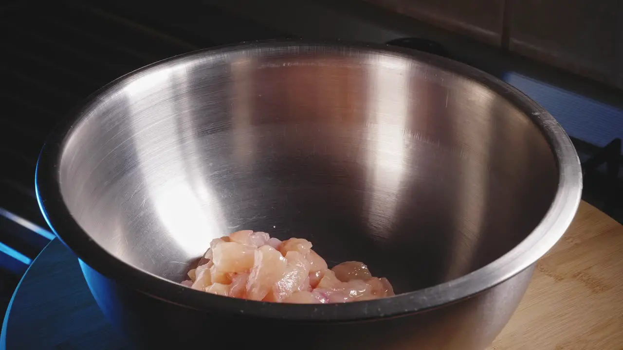 Adding Chicken Meat Into Bowl Cooking Chicken Noodles With Vegetables