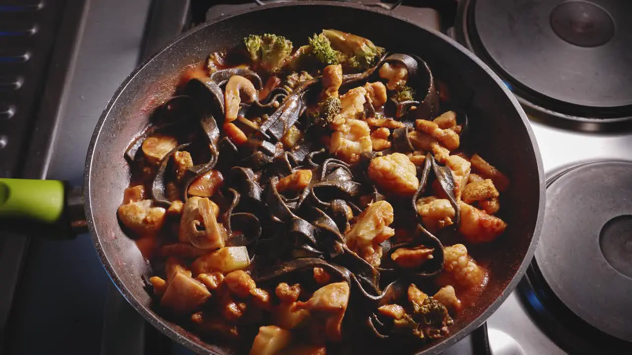 Healthy Cooking Chicken Noodles with Vegetables Overhead View