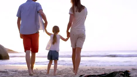 Family travel and holding hands at a beach by