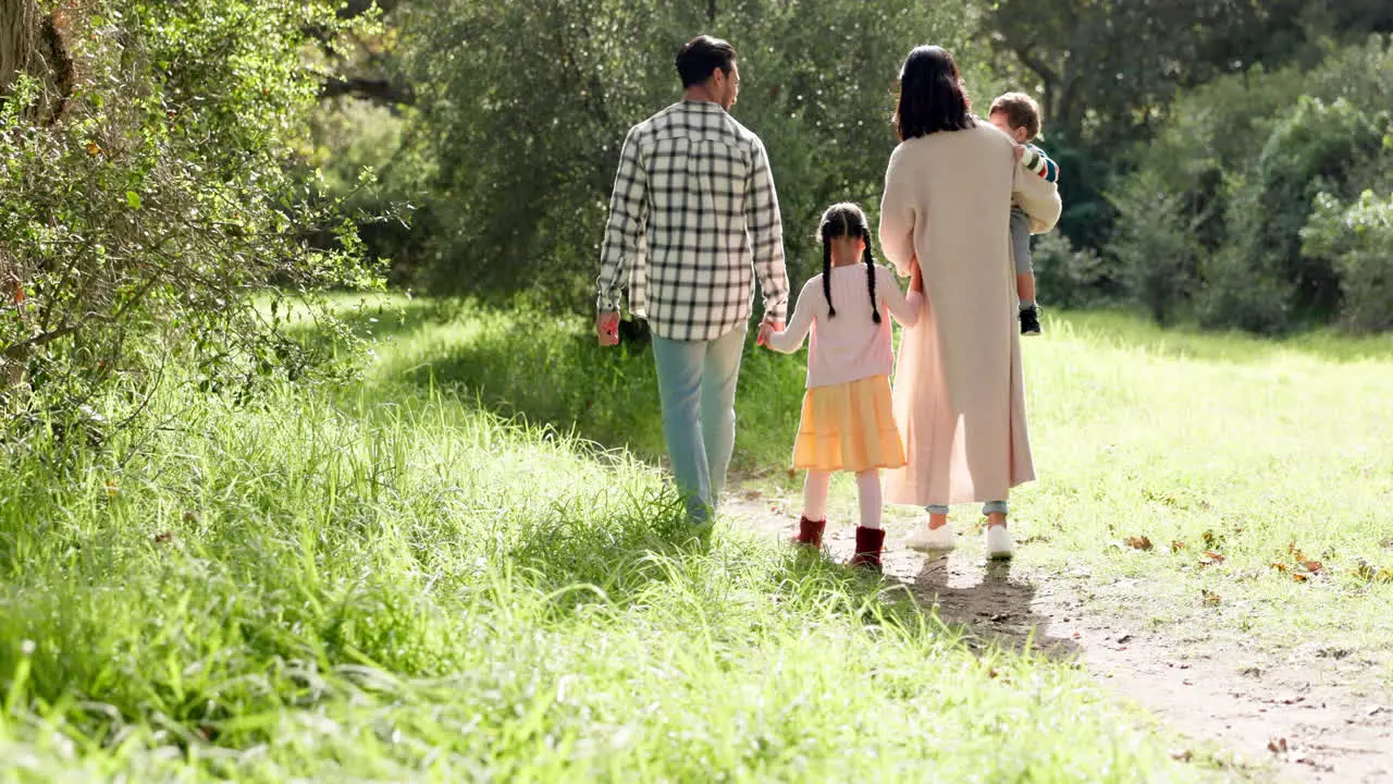 Back view nature and family walking in a forest