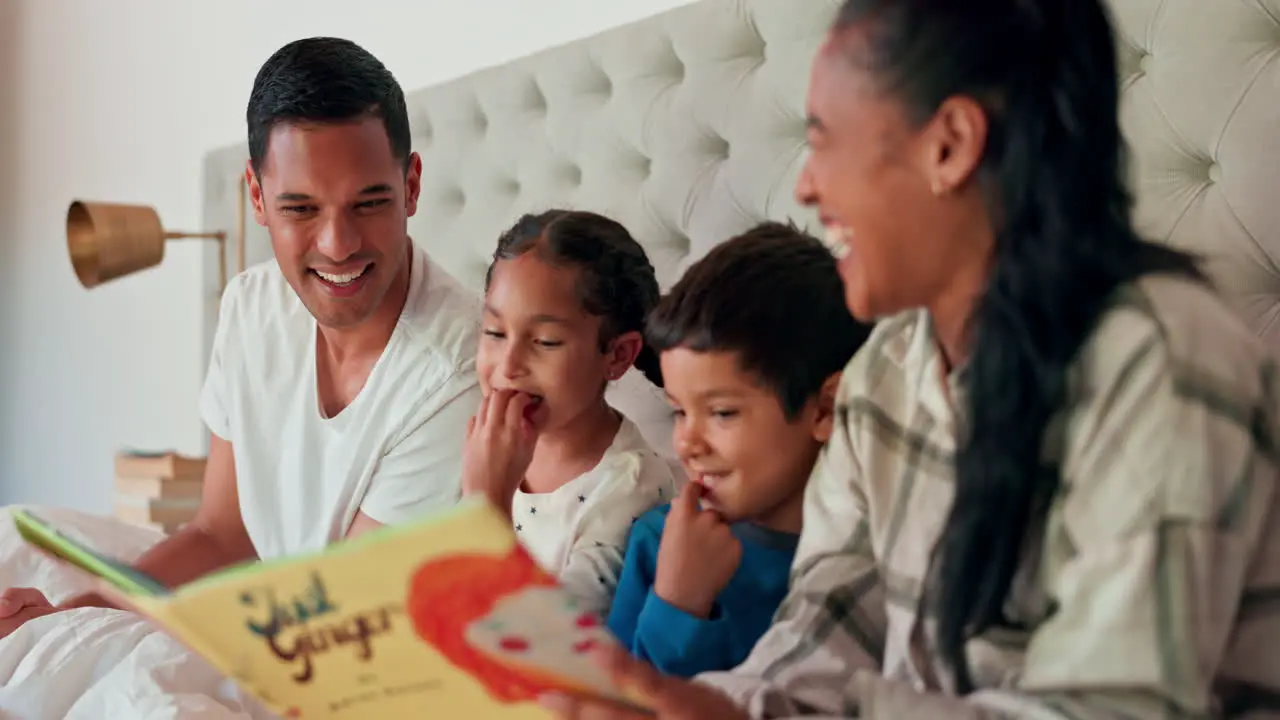 Mom dad and happy kids in bedroom with reading