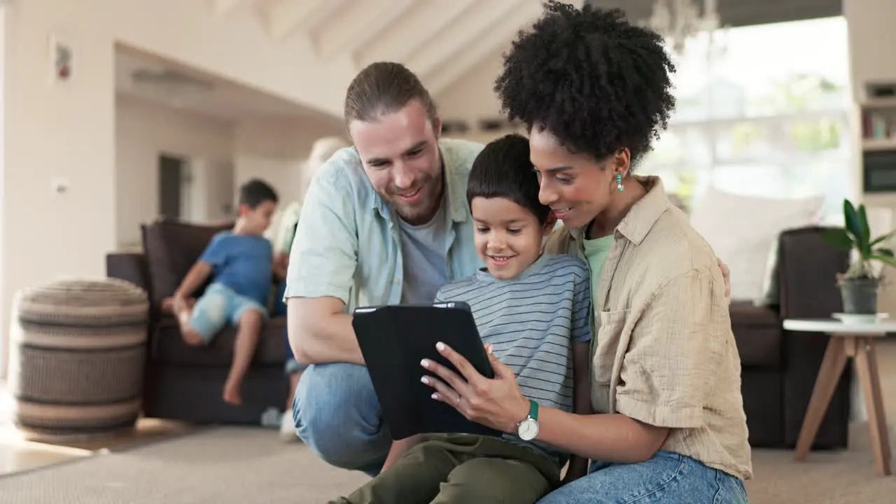 Tablet home and happy family parents