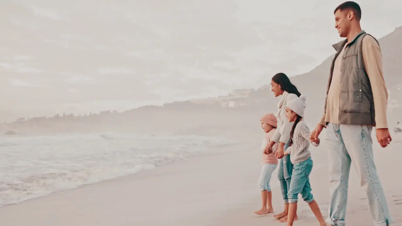 Happy family holding hands and walking at beach