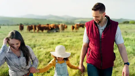 Farmer family cow farm and field walk with girl