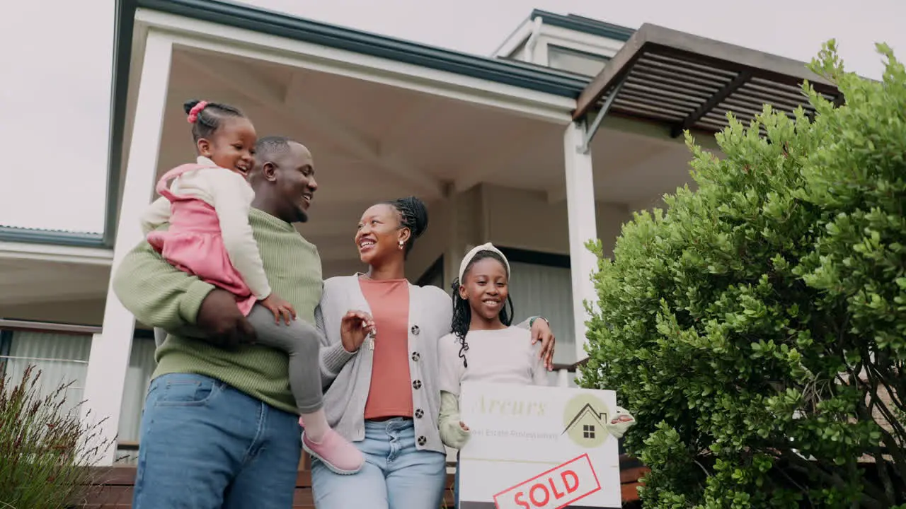 Smile sold sign or happy kids in new home as