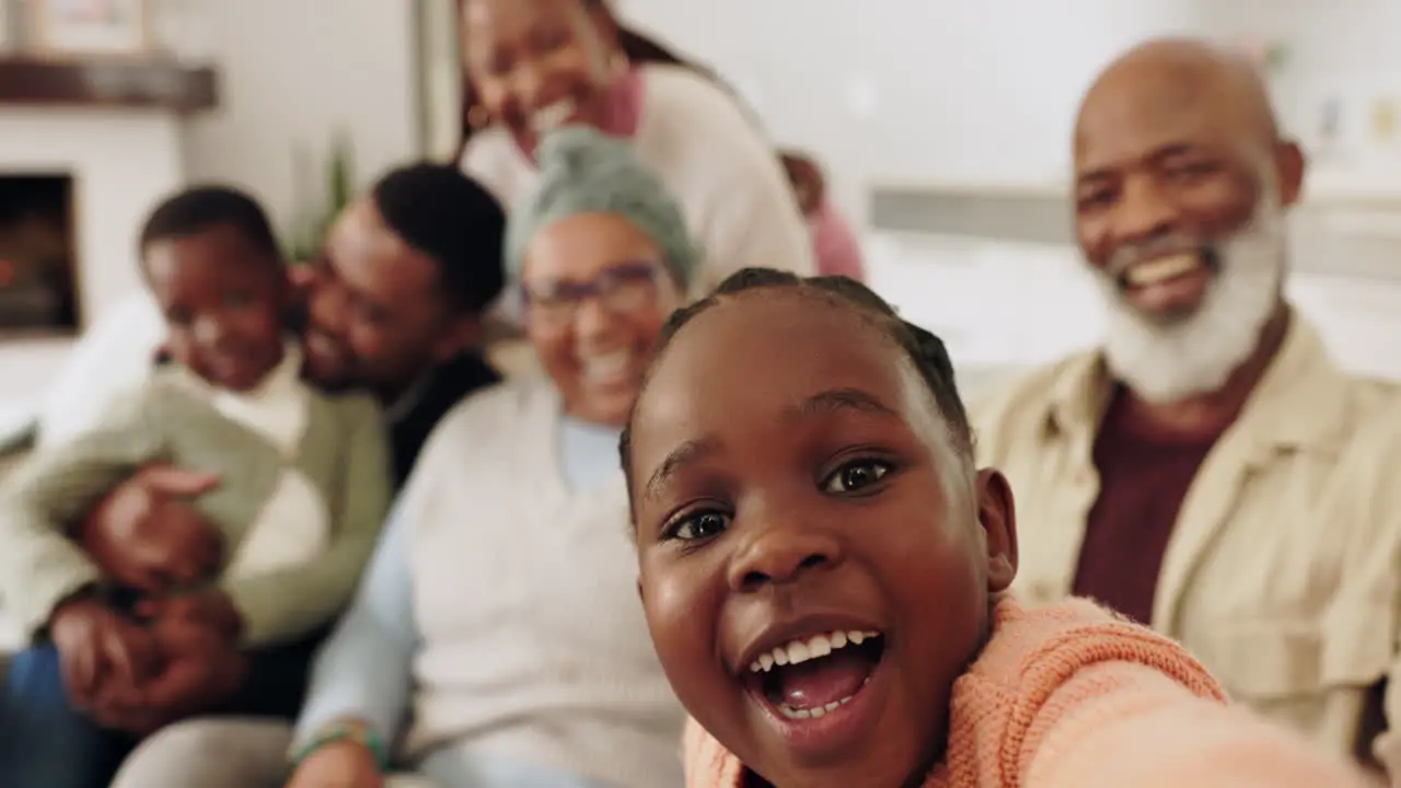 Black family selfie and happy on sofa at home