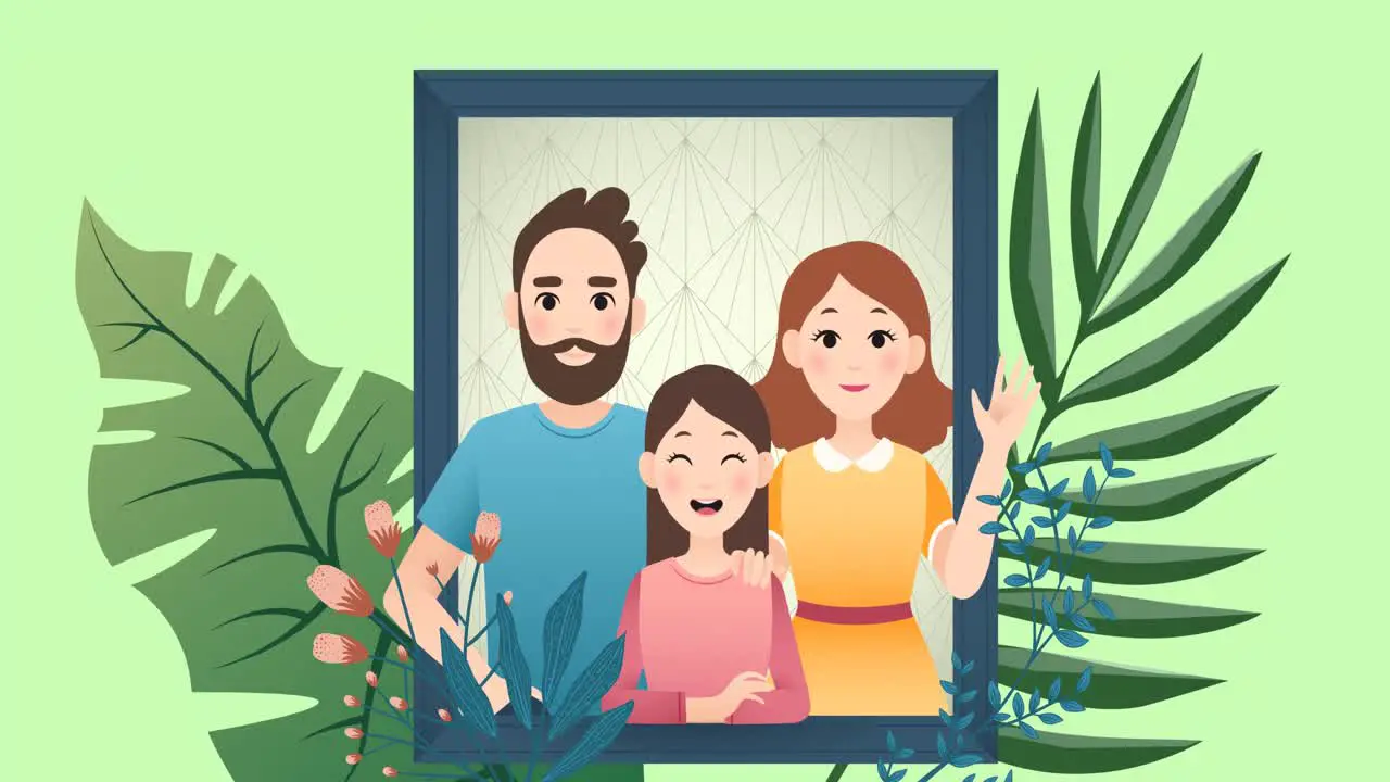 Animation of family embracing on green background